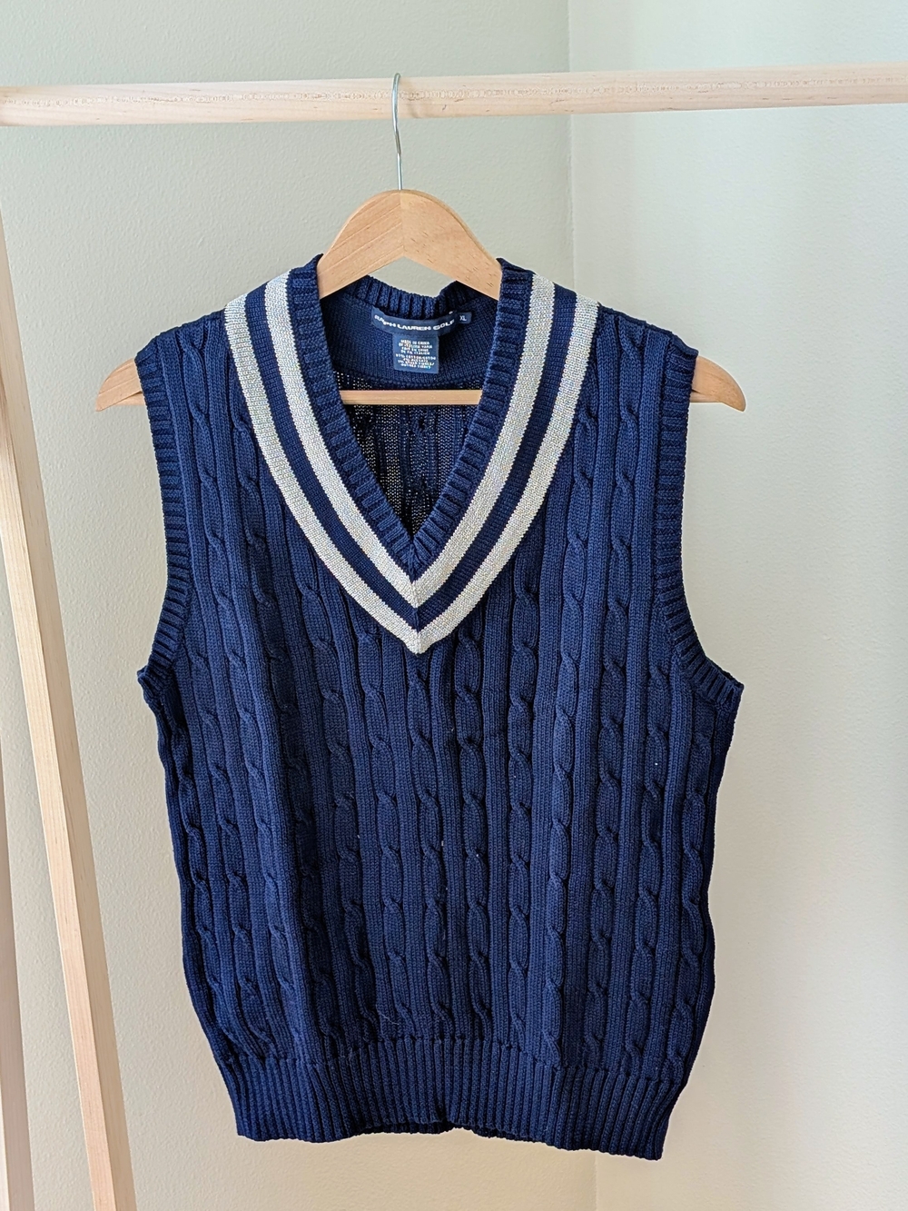 Ralph Lauren Navy Cable Knit V-Neck Sweater Vest with Silvery Cream Stripes